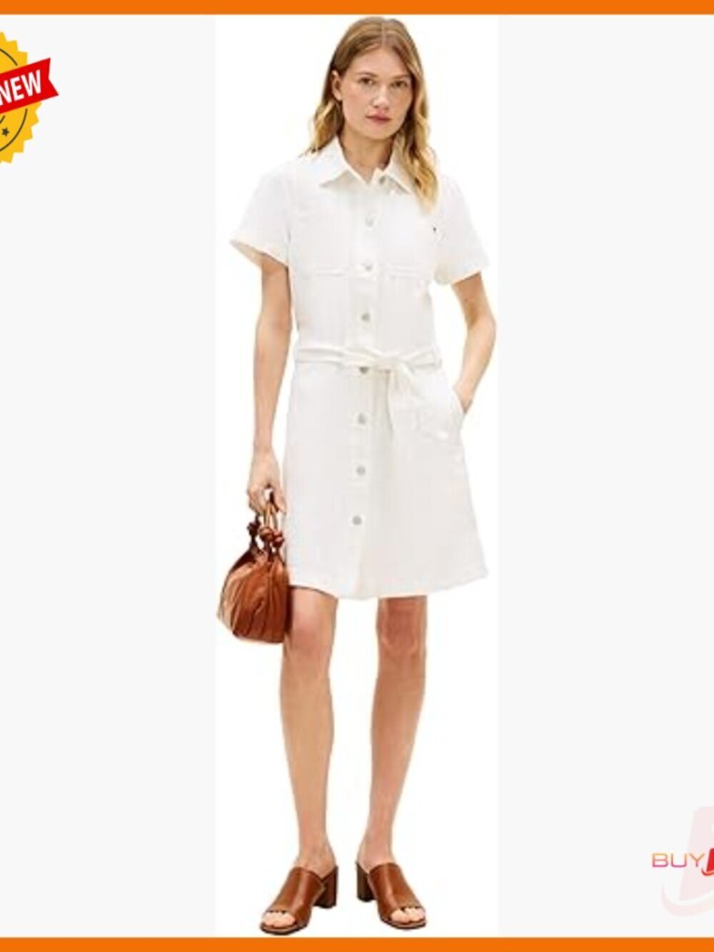 Short Sleeve Cotton Denim Shirt Dress with Waist Tie Detail, Casual Style